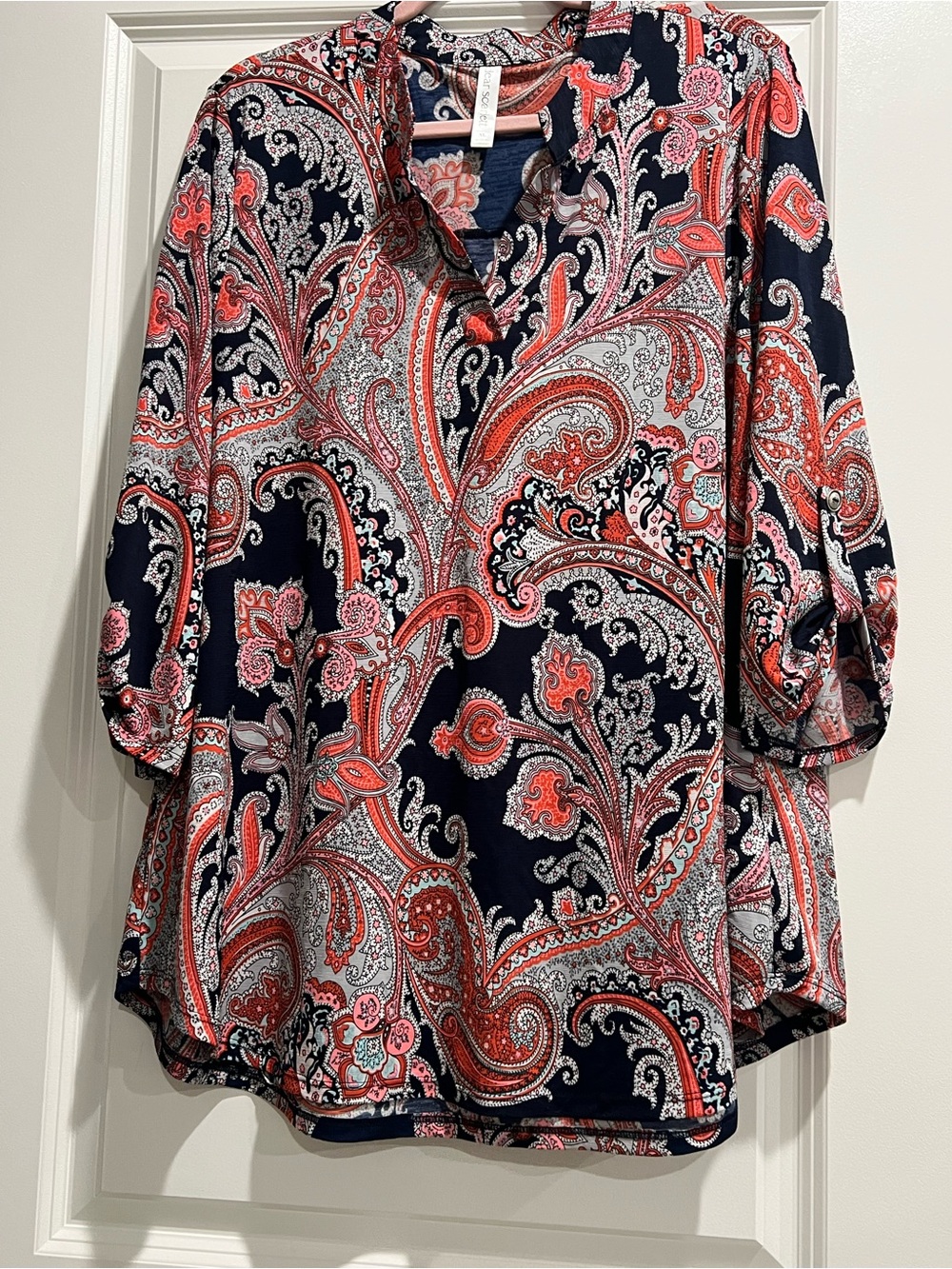 Dear Scarlett Paisley Split-Neck Tunic Top in Black, Red, and Coral